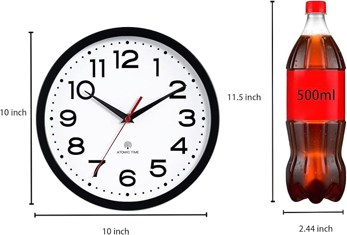 Roymnie Atomic Wall Clock 10 Inch, Modern Clock Battery Operated Classic Analog Decorative for Kitchen, Living Room, Office, Bedroom, Bathroom (Black)