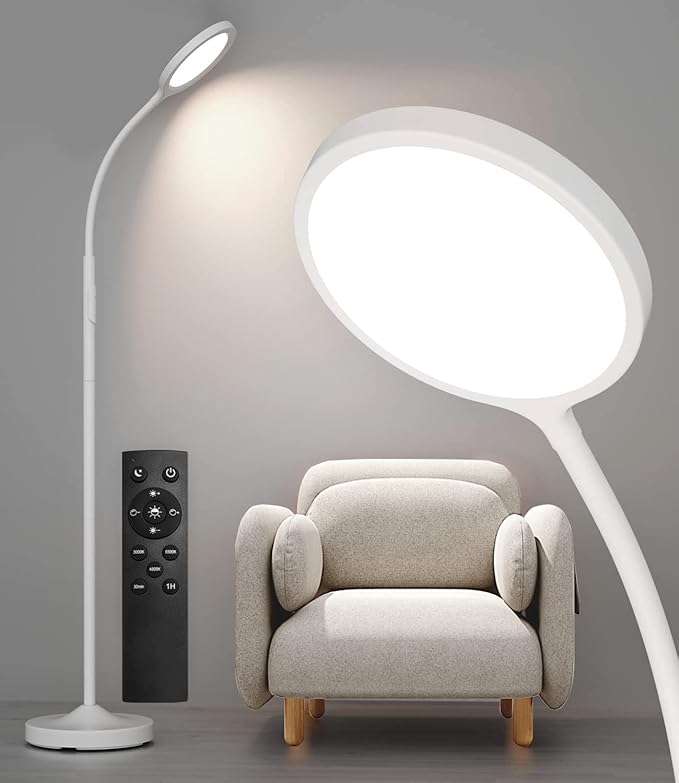 luckystyle White Floor Lamp,Super Bright Dimmable Led Floor Lamps for Living Room, Custom Color Temperature Standing Lamp with Remote Push Button, Adjustable Gooseneck Reading Floor Lamp (LK-1006)