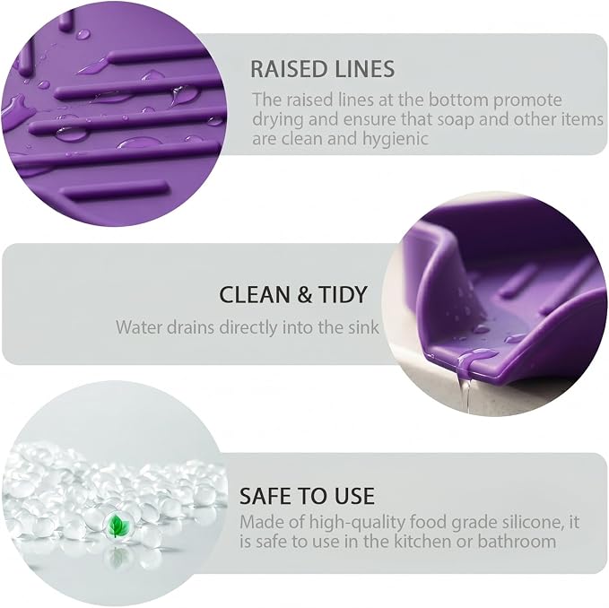 MicoYang Silicone Soap Dish with Drain Spout, Self-Draining Sink Organizer Tray for Bathroom and Kitchen, Sponges, Dispensers and Soap Holder, Non-Slip and Dishwasher Safe, Purple (Compact, 4.9"×3.2")