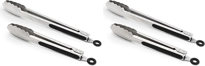 304 Stainless Steel Kitchen Cooking Tongs, 9" and 12" Set of 2 Sturdy Grilling Barbeque Brushed Locking Food Tongs with Ergonomic Grip, Black (Pack of 2)
