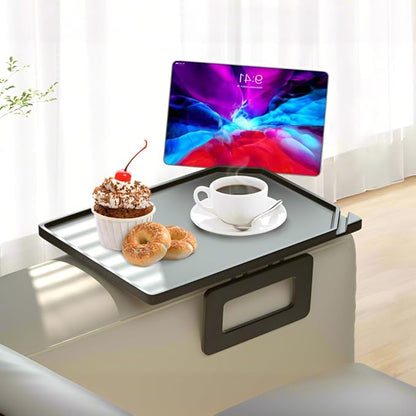 Smatdecis Couch Arm Tray Table Sofa Arm Clip, Armrest Tray Table Suitable for Home Drinks/Fast Food/Fruit Etc, Large Size Multi-Function Black(Dual Phone/Tablet Holder)