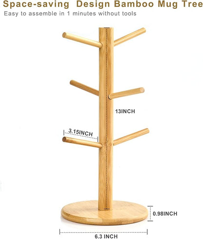 Bamboo Mug Tree for Counter, 6 Hooks Detachable Coffee Mug Holder, Decorative Mug Racks for Coffee Bar Organizer
