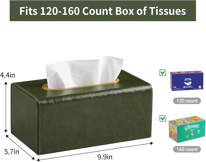 Rectangle Tissue Box Cover for 120-160 Count Box of Tissues, Luxury PU Leather Tissue Holder with Magnetic Closure (Dark Green)