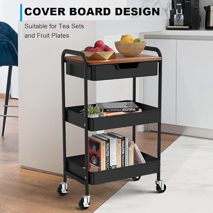 Aratan 3 Tier Rolling Cart with Drawer, Metal Utility Cart on Wheels Storage Cart with Wood Top, Kitchen Cart Art Cart Organizer for Bathroom Office Balcony Living Room