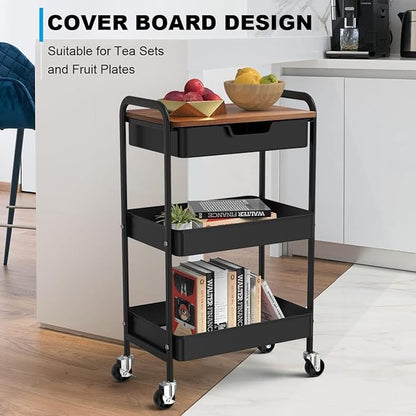 Aratan 3 Tier Rolling Cart with Drawer, Metal Utility Cart on Wheels Storage Cart with Wood Top, Kitchen Cart Art Cart Organizer for Bathroom Office Balcony Living Room