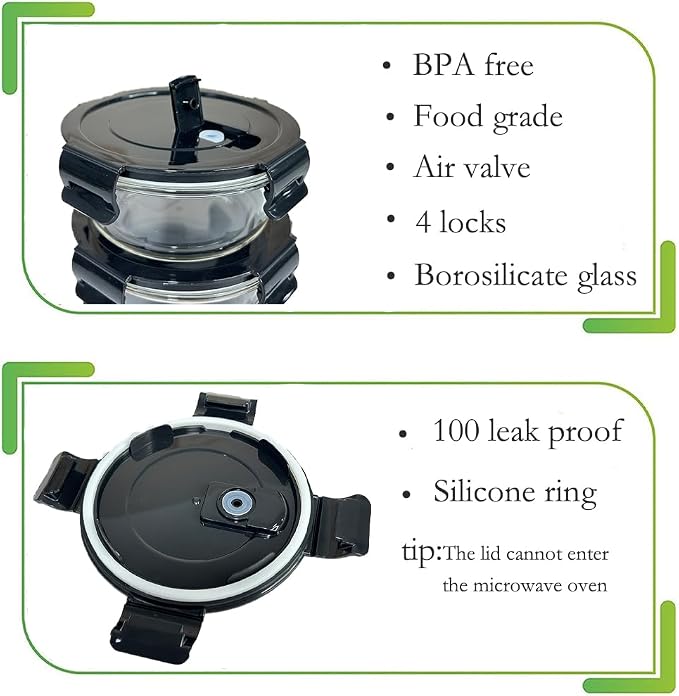 12Oz Round Glass Food Containers With Lids, Small Round Glass Meal Prep Containers,1.5 Cup Clear Food Storage Containers With Lids BPA-Free, Microwave, Dishwasher, Freezer Safe（Black