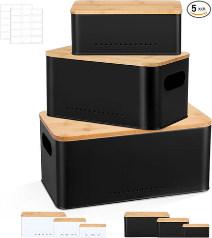 Honeydak 3 Pcs Metal Storage Box with Lid Nesting Farmhouse Storage Bins for Kitchen Pantry Bathroom Living Room Office, Aerating Produce Keeper & Countertop Organizer Set(Black)