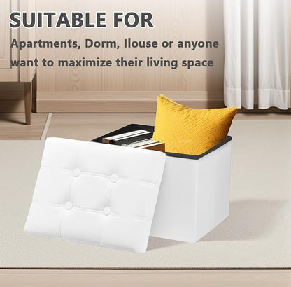 AmasSmile Storage Ottoman Foot Rest Stool, 17 inch Velvet Footstool Bench, Short Ottomans Stool, Small Folding Storage Ottoman Store Books, Records,White