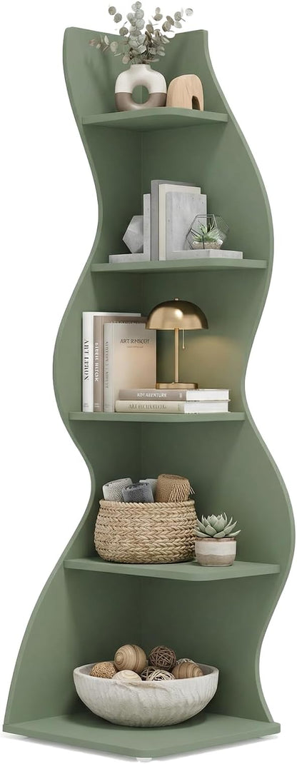 Arvolia 70 Inch Corner Bookshelf, Modern 5-Tier Small Bookshelf with Unique Curved Design, Freestanding Vertical Storage Shelf for Living Room, Bedroom or Home Office (Sage Green)