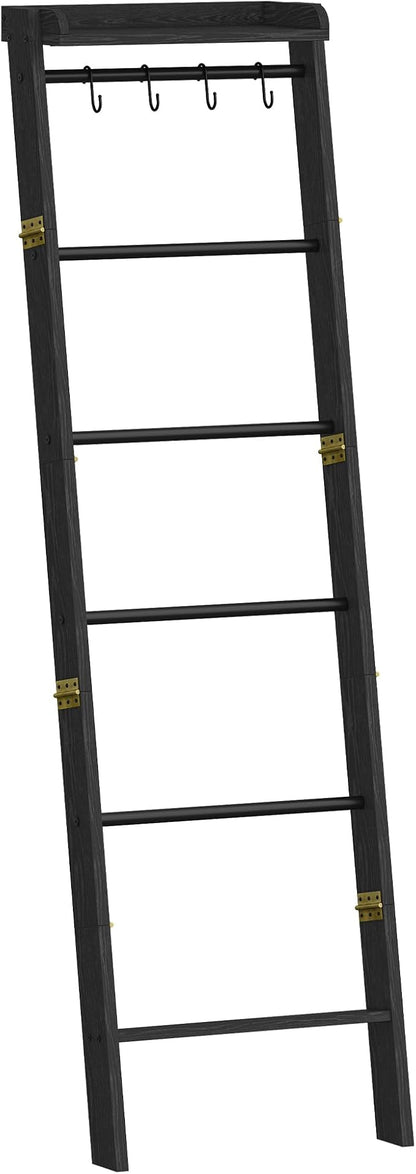 Hzuaneri Blanket Ladder Shelf, Decorative Quilt Rack, 7-Tier Farmhouse Ladder Holder Organizer with 4 Removable Hooks 7.9" D x 17.3" W x 66.9" H, Black BR36804B