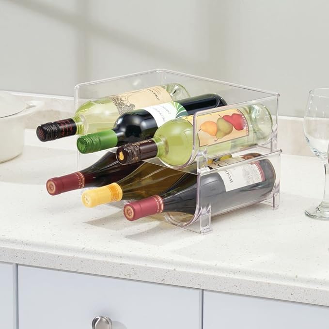 mDesign Stackable Plastic 3 Bottle Refrigerator Wine Rack - Kitchen Storage Organizer Holder for Storing Champagne, Wine, and Water Bottles - Stacking Wine Bottle Organizer for Fridge - 2 Pack - Clear