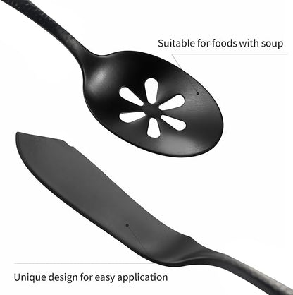 Kelenfer Silverware 45-Piece Matte Black Hammered Flatware Set with Serving Utensils, Stainless Steel Thick Handle Matte Polished Cutlery Set for Wedding Hotel Restaurant, Service for 8