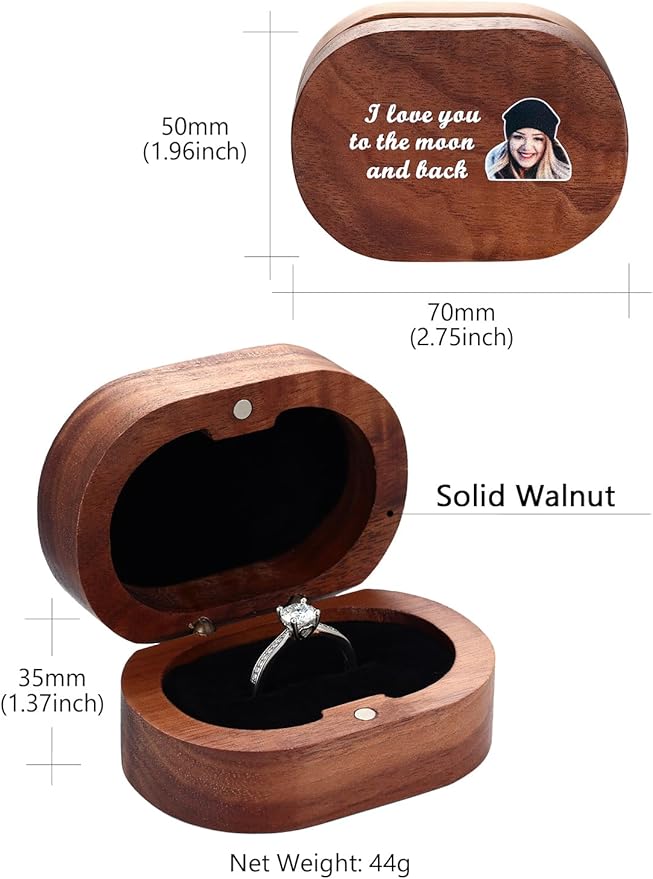 Custom4U Personalized Photo Ring Box for Proposal Wooden Engagement Ring Holder Box Wood Rustic Ring Storage Box Wedding Jewelry Gift for Women