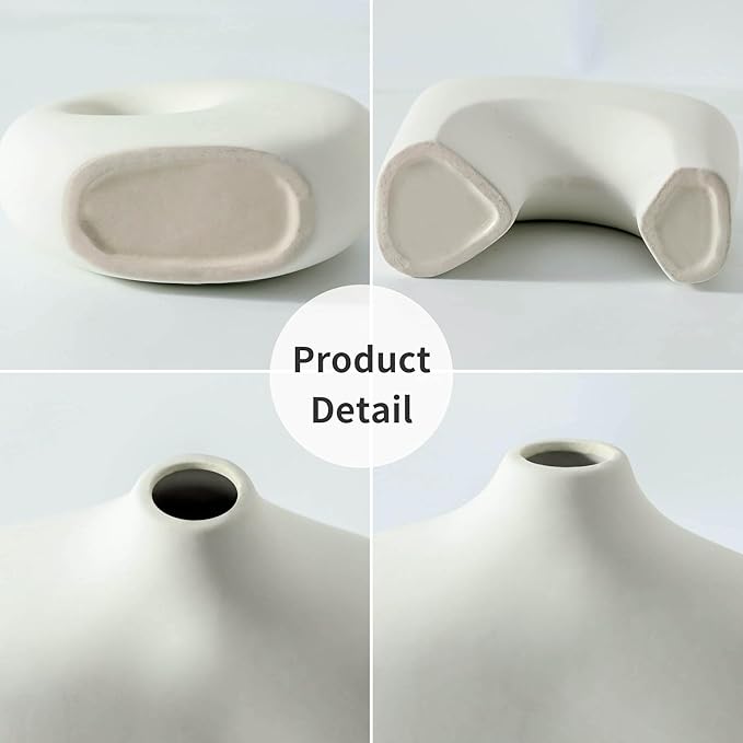 Dobbyby Ceramic Vase Set of 2, Modern Donut Vases for Minimalist Nordic Home Decor, Waterproof Round Vase, Decorative Centerpiece Vases for Living Room, Entryway, Table Decor (02-Matte Cream)