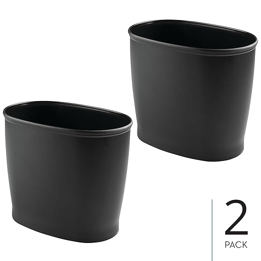 iDesign Slim Plastic Bathroom Trash Can, Small Garbage Bin for Bedroom, Office, Desk, Dorm, 2-Pack, Black