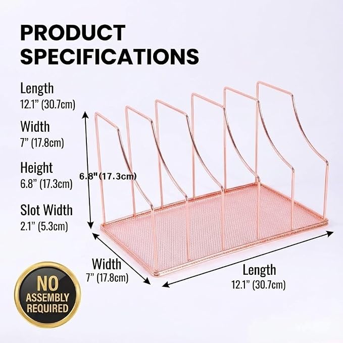 Rose Gold Binder Organizer for Desk, 5 Slot Metal Wire Vertical File Sorter with Mesh Bottom, Desktop Magazine Holder Rack for 2 Inch Binders, Medical Coding Books, Vinyl Records, 12.1"