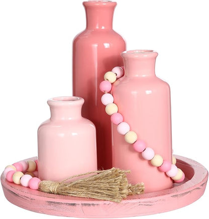 5 Pcs Rustic Country Tabletop Centerpieces Decor Set of 3 Boho Ceramic Vases with Wooden Serving Tray Wood Bead Garland Tassels Table Holder for Home Decorations (Pink)