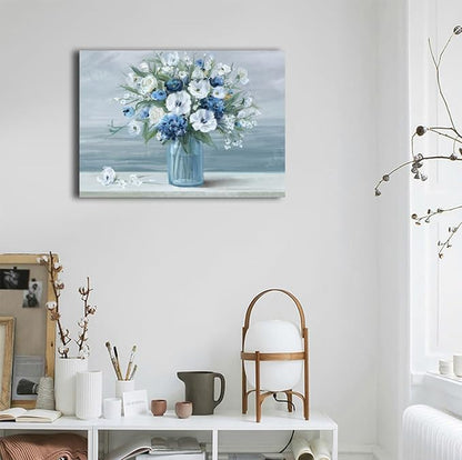 arteWOODS Vintage Flowers Canvas Wall Art Blue White Blossom Painting Retro Flowers in Vase Pictures Blue Ocean Seagull Background Artwork Prints for Bathroom Bedroom Wall Decor 28" X 20"