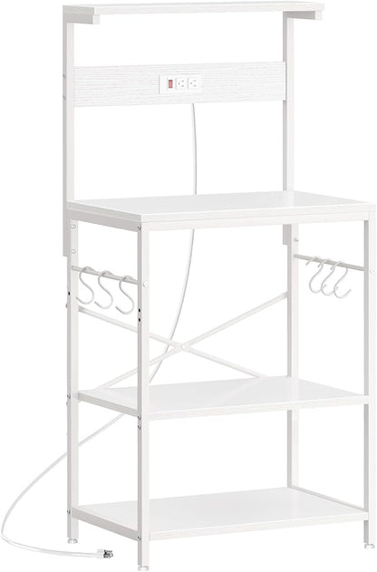 SUPERJARE Kitchen Bakers Rack with Power Outlet, Coffee Bar Table 4 Tiers, Kitchen Microwave Stand with 6 S-Shaped Hooks, Storage Shelf Rack for Spices, Pots and Pans - White