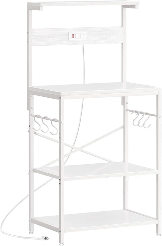 SUPERJARE Kitchen Bakers Rack with Power Outlet, Coffee Bar Table 4 Tiers, Kitchen Microwave Stand with 6 S-Shaped Hooks, Storage Shelf Rack for Spices, Pots and Pans - White