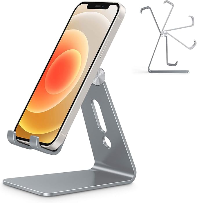 OMOTON Adjustable Cell Phone Stand, C2 Aluminum Desktop Phone Holder Dock Compatible with iPhone 15 14 13 Xs XR 8 Plus 7 6, Samsung Galaxy, Google Pixel, Android Phones, Grey