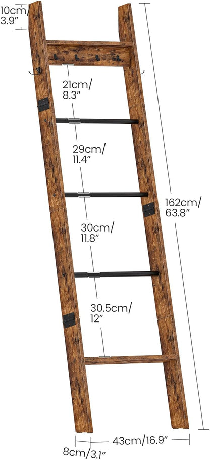 CHOEZON 5-Tier Blanket Ladder, Wooden Blanket Display Rack, Towel Ladder with Hooks, Wall Leaning Display Shelf, for Living Room, Bedroom, Balcony, Rustic Brown and Black MCJ02FG