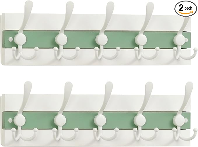 SKOLOO Coastal Wall Mounted Coat Rack - 16-7/8" Beach House Entryway Wooden Coat Hook with 5 Hooks for Hanging Coats, Hats or Towels, Oceanfront Cottage Core Collection, White & Green, Pack of 2