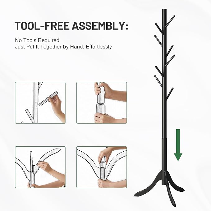 kiplant Black Coat Rack Stand, Bamboo Wood Freestanding Coat Tree with 8 Hooks, Hallway Entryway Hat Hanger Organizer Standing for Bedroom, Office, Clothes, Jackets, Bags, Umbrallas