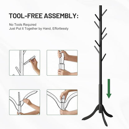 kiplant Black Coat Rack Stand, Bamboo Wood Freestanding Coat Tree with 8 Hooks, Hallway Entryway Hat Hanger Organizer Standing for Bedroom, Office, Clothes, Jackets, Bags, Umbrallas