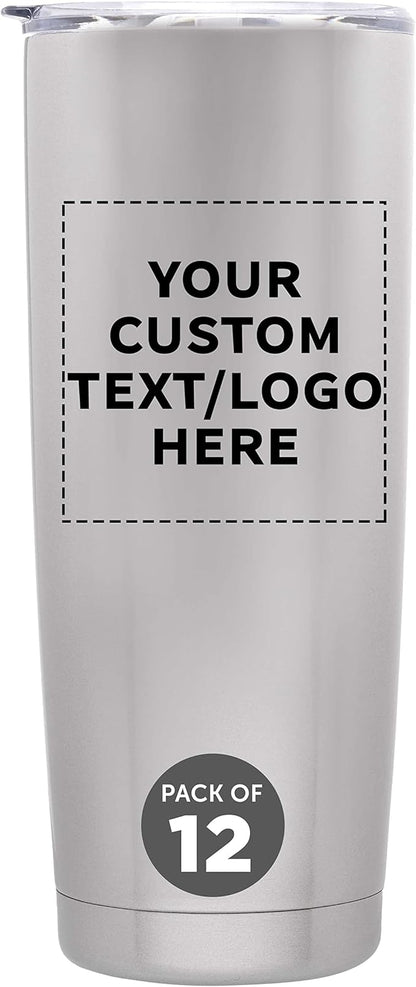 Custom Pipette Stainless Steel Coffee Tumblers 20 oz. Set of 12, Personalized Bulk Pack - Double Wall, Perfect for Coffee, Hot Cocoa, Other Hot & Cold Beverages - Silver