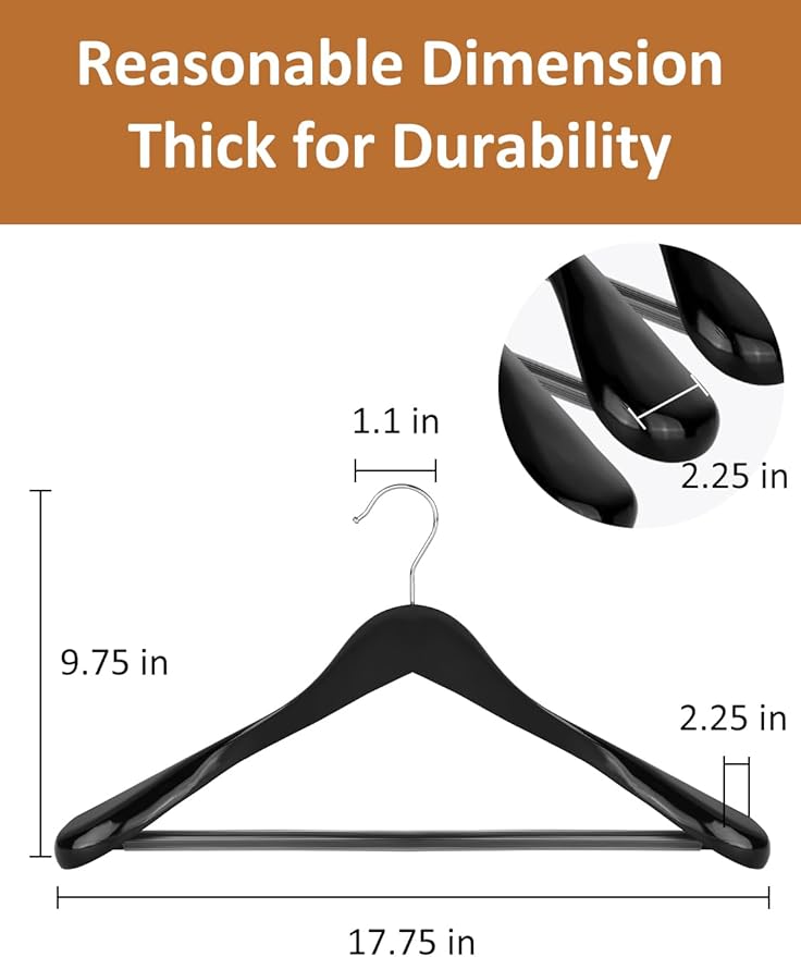 AMKUFO Wide Shoulder Wooden Hangers 8 Pack Coat Hangers with Non Slip Pants Bar, Heavy Duty Suit Hangers Wood Clothes Hangers with Smooth Finish 360° Swivel Hook for Sweater Jackets Shirts Black