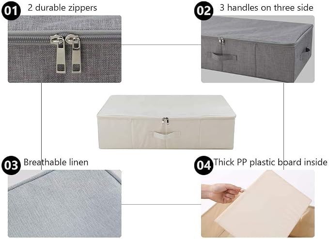 iwill CREATE PRO 3Pcs Collapsible Rigid Underbed Storage Bins, 27.5 * 15.7 * 7", Folding Fabric Storage Boxes for Clothing, Blankets, Shoes in Closet, Wardrobe, Beige