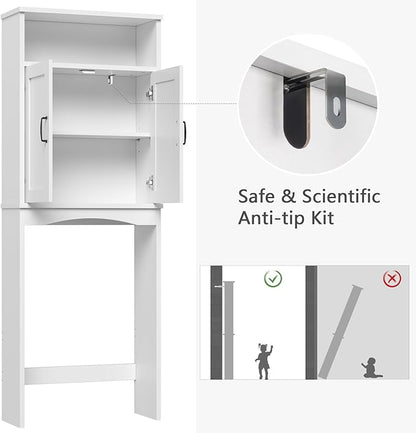Over The Toilet Storage Cabinet, Over Toilet Bathroom Organizer with Adjustable Shelf and Double Doors, Space Saver Shelf Above Toilet Storage Cabinet (White)