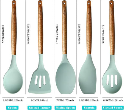 Kitchen Utensils Set, Silicone Cooking Utensils Set,Non-Stick Silicone Spatula Set with Natural Acacia Hard Wood Handle, 5 Piece, Upgraded Thickened Cookware