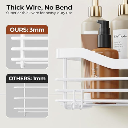 Orimade Shower Caddy Basket Shelf Storage Rack, No Drilling Wall Mounted Adhesive Rust Resistant Stainless Steel Shower Organizer with 5 Hooks for Bathroom, White 2 Pack