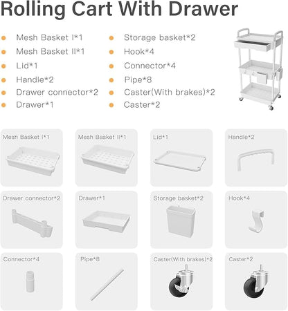 Sorgion 3 Tier Rolling Cart Organizer,Laundry Room Bathroom Organizers and Storage Office Shelves Mobile Shelving Unit Kitchen Trolley Cart with Wheels for Art,Craft,Diaper,Bedside,Snack(White)