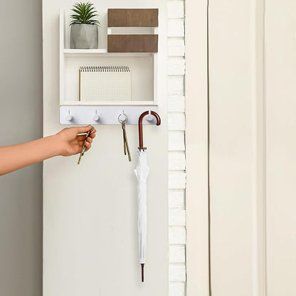 Key Holder with 4 Hooks,Key Hanger Organizer for Wall Mount with 2 Self-Adhesive Tapes,Metal Key Rack for Entryway, Door, Bathroom, Kitchen(White)