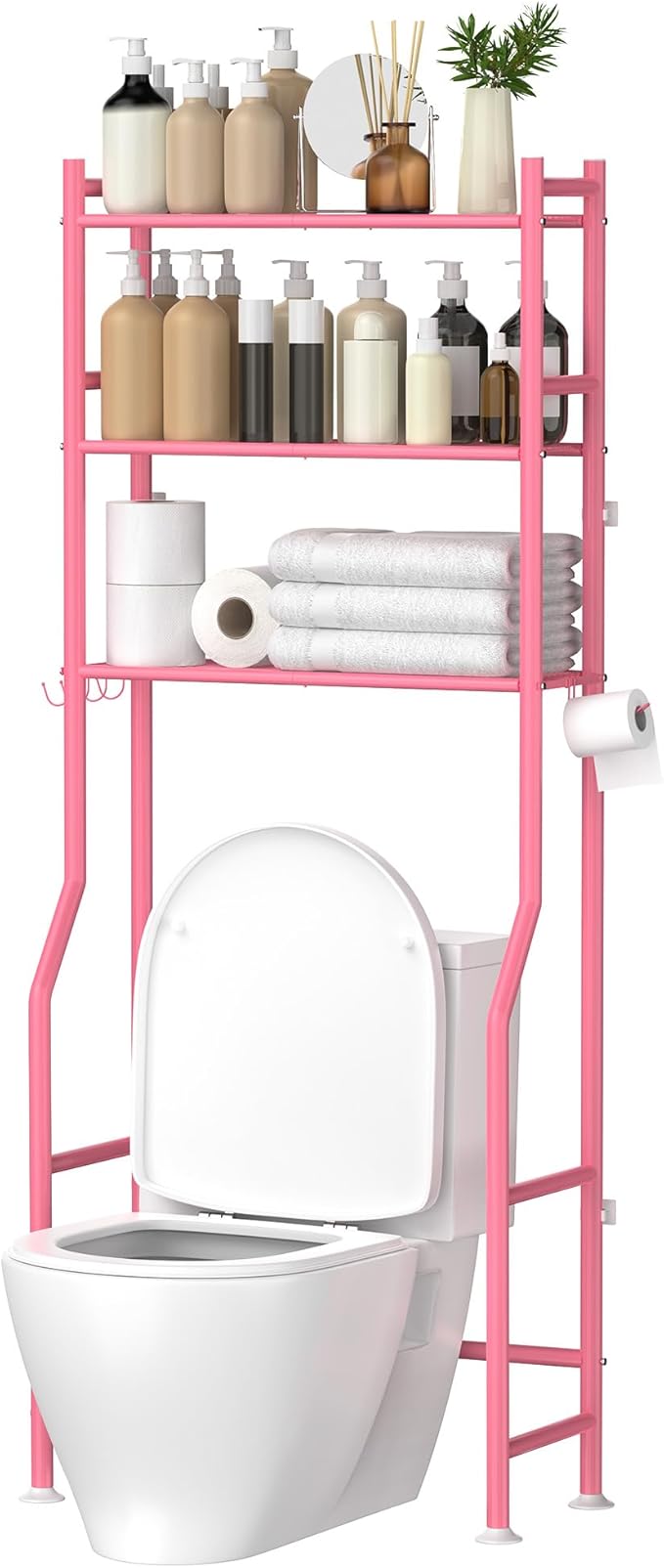 3-Tier Over The Toilet Storage, Space Saver Metal Bathroom Shelves, Freestanding Above Over Toilet Storage Shelf with 4 Hooks for Bathroom, Pink