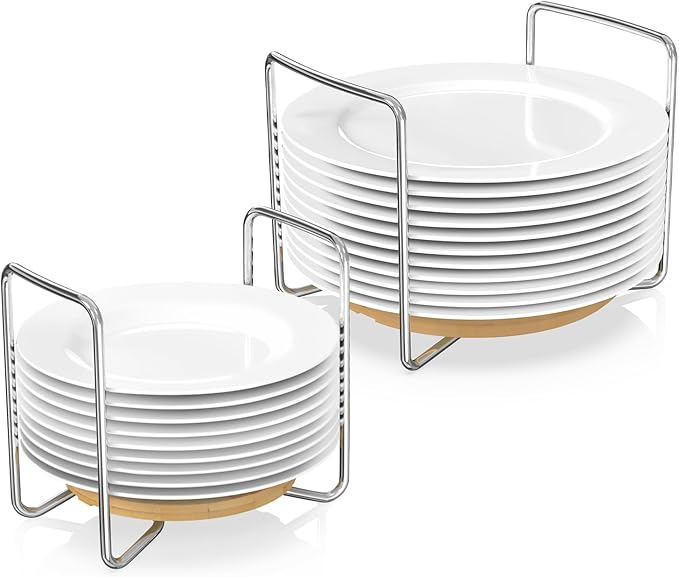 Dish Rack for Kitchen Counter - Bamboo Plate Organizer for Cabinet Space Saver, 2Pcs Adjust 8.5" to 12.5" Stainless Steel Plate and Bowl Holder with Portable Handle for Drawer Cupboard Shelf RV