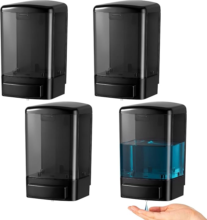 Hushee 4 Pcs Plastic Wall Mounted Soap Dispenser Commercial Manual Soap Containers Wall Dispenser for Kitchen Shower Hotel Liquid Shampoo Gel Chamber (33.8 oz 1000 ml,All Black)