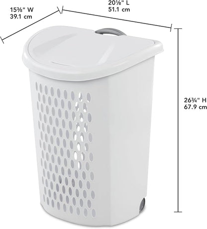 Wheeled Plastic Laundry Hamper with Handle, White - Easy Transport for Laundry, Durable Plastic, Rolling Design, Perfect for Bathroom & Bedroom Storage