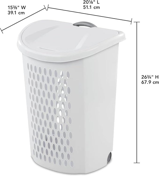Wheeled Plastic Laundry Hamper with Handle, White - Easy Transport for Laundry, Durable Plastic, Rolling Design, Perfect for Bathroom & Bedroom Storage