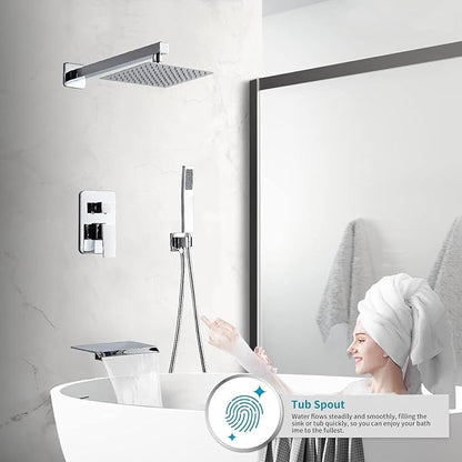 Chrome Shower Faucet Set with Tub Spout 8 Inch, Shower Head and Handle Set with 2 Hooks, Tub and Shower Faucet Combo, Rain Shower and Handheld Shower System Square Wall Mount for Bathroom