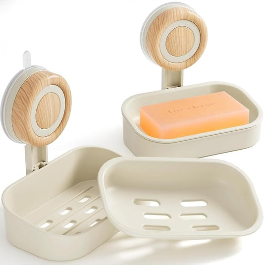 Double Layer Soap Dish for Shower 2 Pack, Wall Mounted Bar Soap Holder Suction Cup 2 Layer Self Draining Soap Case Sponge Holder for Shower Bathroom, Tub and Kitchen Sink, Drill-Free Tray