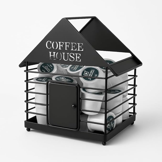 House-Shaped Coffee Pod Organizer – Countertop Coffee Station Holder for Keurig & Nespresso Pods – Modern Black or Gold Kitchen Organizer (Black)