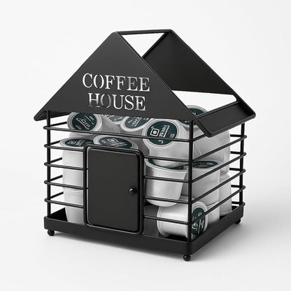 House-Shaped Coffee Pod Organizer – Countertop Coffee Station Holder for Keurig & Nespresso Pods – Modern Black or Gold Kitchen Organizer (Black)