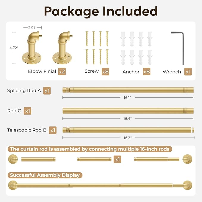 Zeerobee Curtain Rods for Windows 32 to 48, 1 Inch Industrial Wrap Around Gold Curtain Rod, Indoor/Outdoor Room Divider Adjustable Drapery Pole, 32"-48"