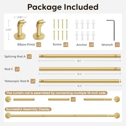 Zeerobee Curtain Rods for Windows 32 to 48, 1 Inch Industrial Wrap Around Gold Curtain Rod, Indoor/Outdoor Room Divider Adjustable Drapery Pole, 32"-48"