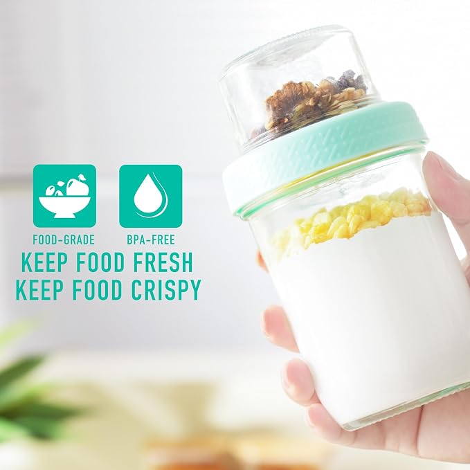 4oz 16 oz Glass Overnight Oats Containers with Lids 4Pack, Yogurt Parfait Cups with Dry and Wet Separation, Breakfast Prep Bowl for Cereal Nut Fruit Meal, To Take Along Oatmeal Salad Smoothie Snack