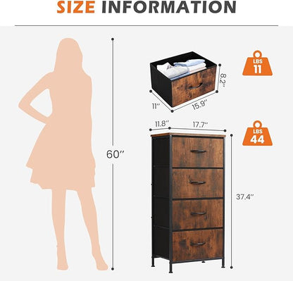 Sweetcrispy 4 Drawer Dresser Fabric Storage Tower with Wood Top, Brown | Sturdy steel frame, fabric drawers, easy-pull handles. Small space-saving organizer for bedroom, closet, entryway.
